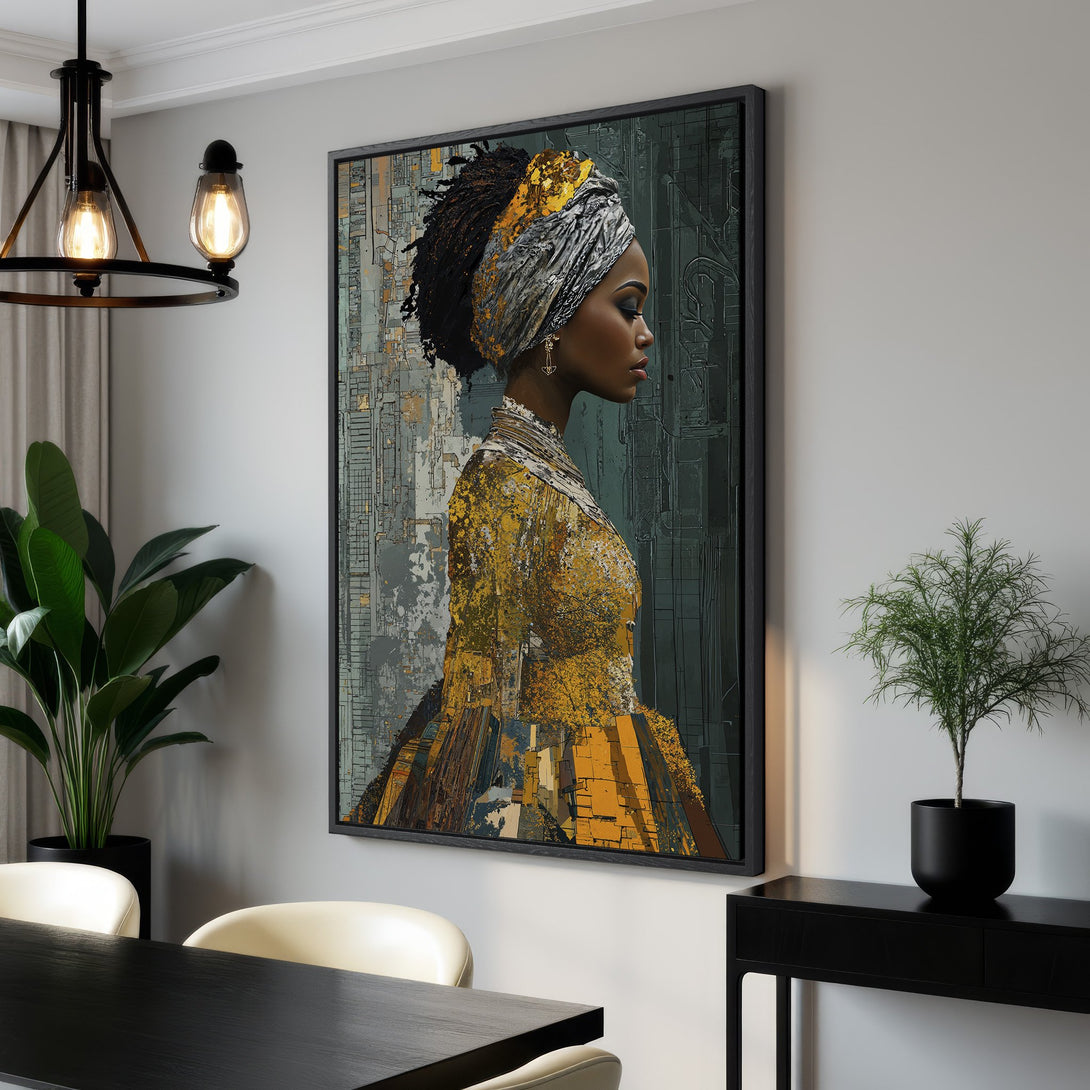 Framed Wall Art featuring an elegant woman in profile. Abstract style with a gold, gray and yellow color palette. Perfect for modern interior design.