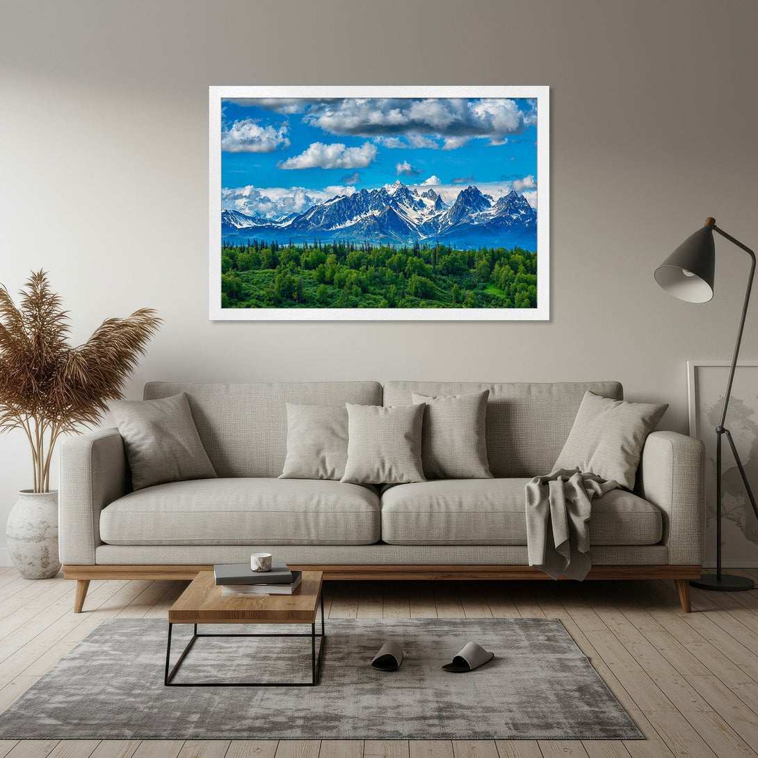 Framed Poster of majestic mountain landscape. Stunning blue, green, and white color palette. Perfect wall art for a modern home.