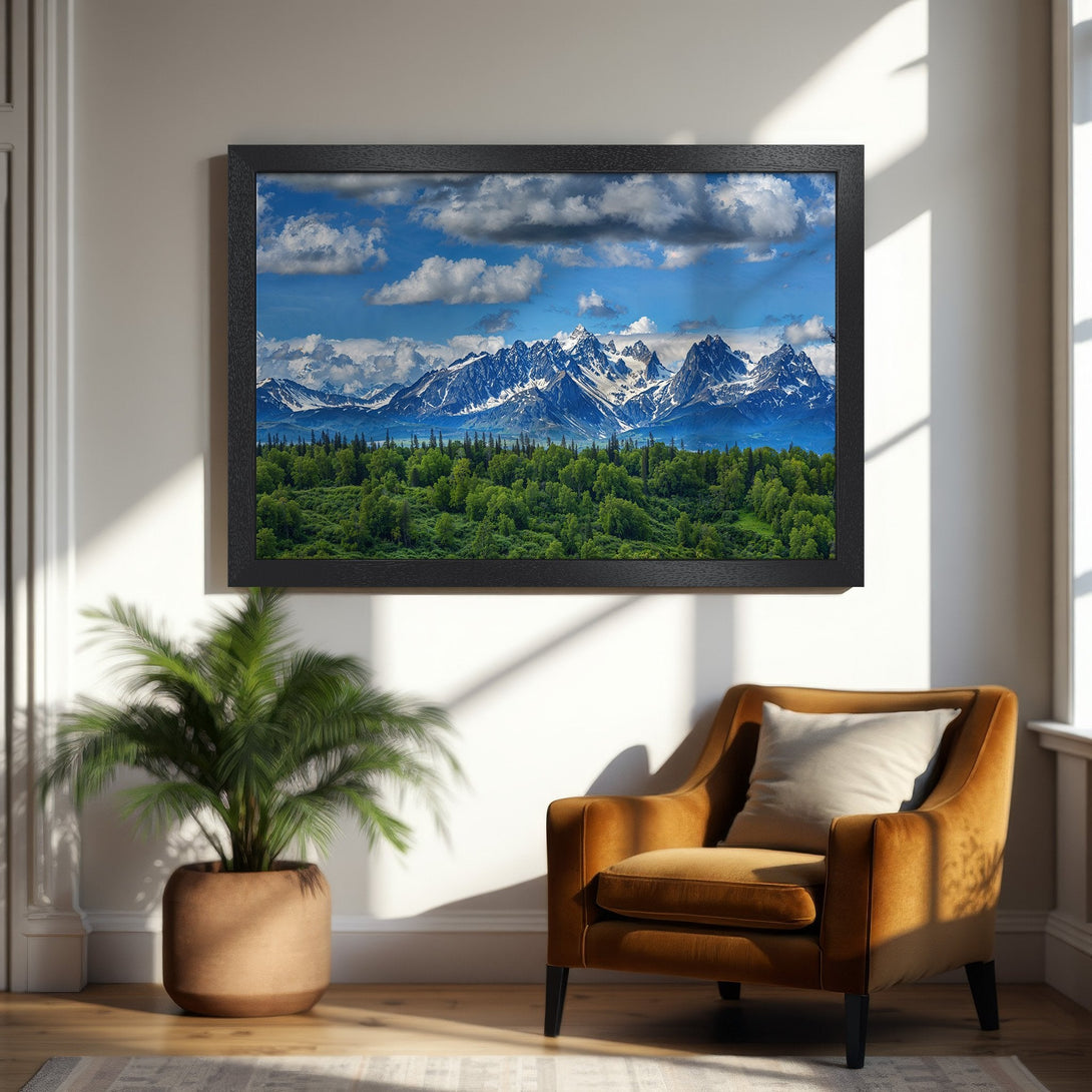 Framed Poster of mountain landscape in blue, green, and white. Perfect wall art for your home.