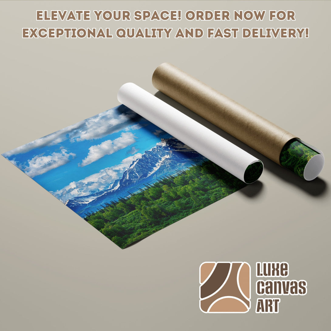 Mountain landscape poster roll with blue, green, and white color palette. Elevate your space with this stunning artwork!
