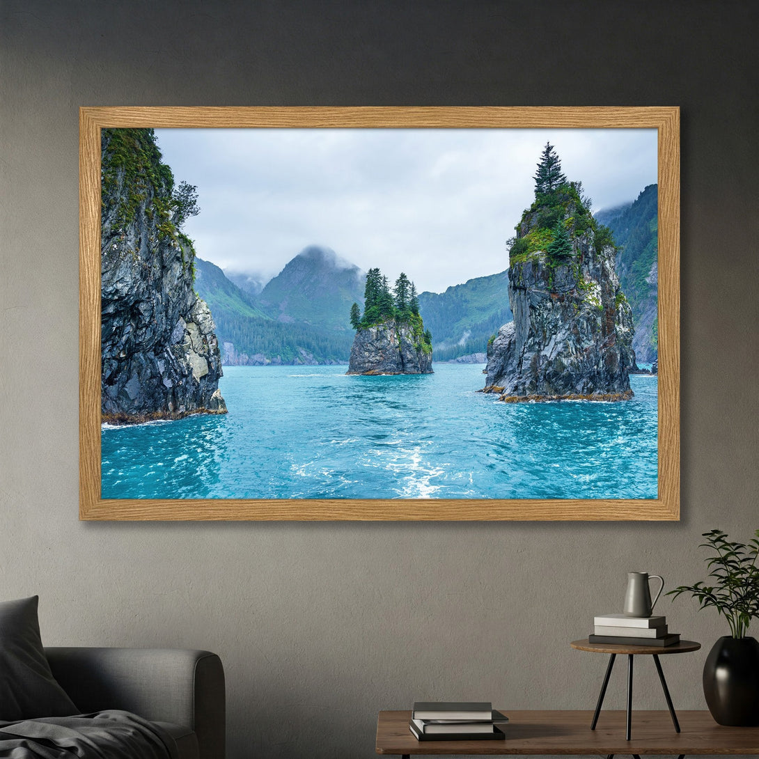 Framed Poster of serene island landscape with turquoise water, cool tones. Perfect wall art for any room.