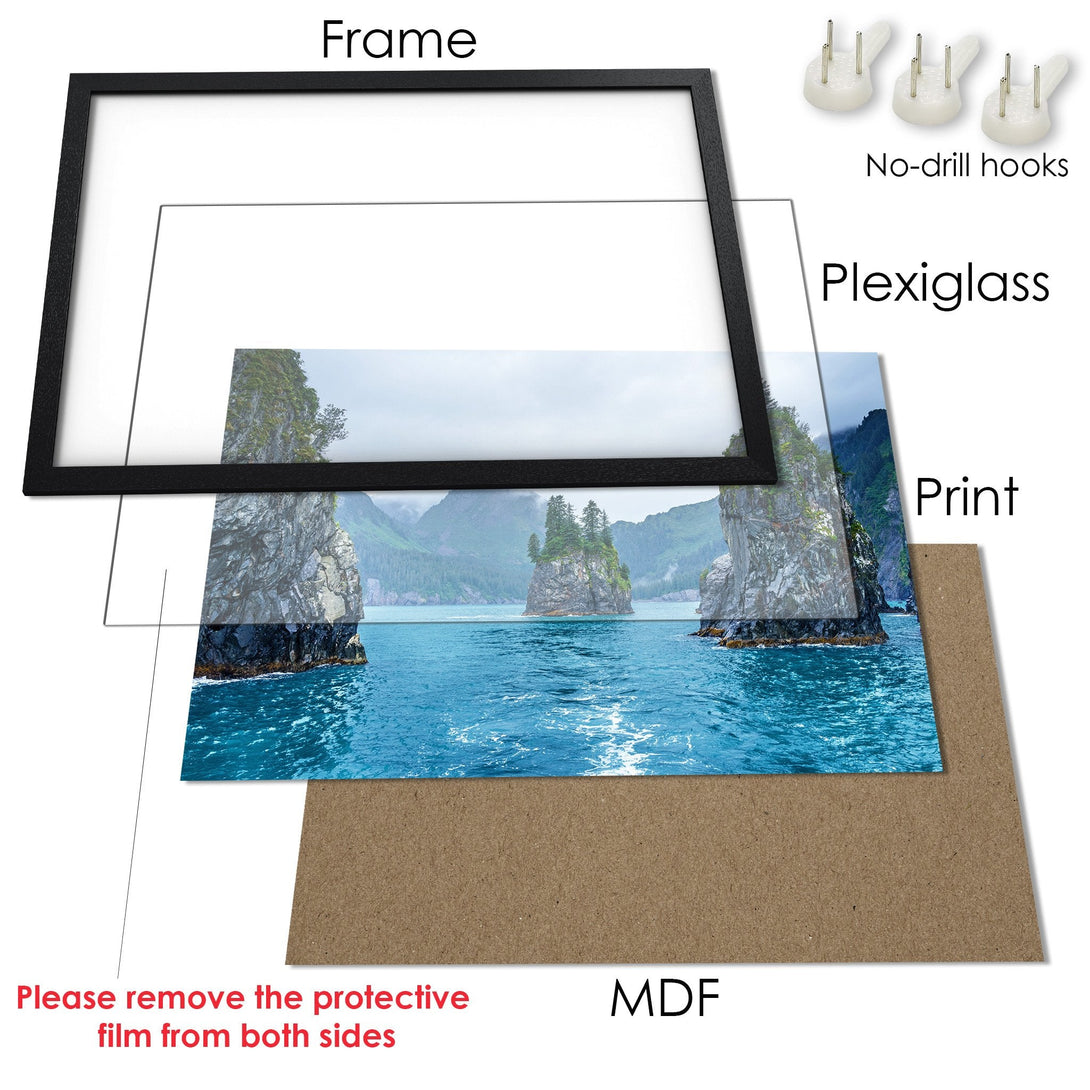 Framed Poster of a serene seascape with a black frame. Features a vibrant blue and green color palette, perfect for any space.