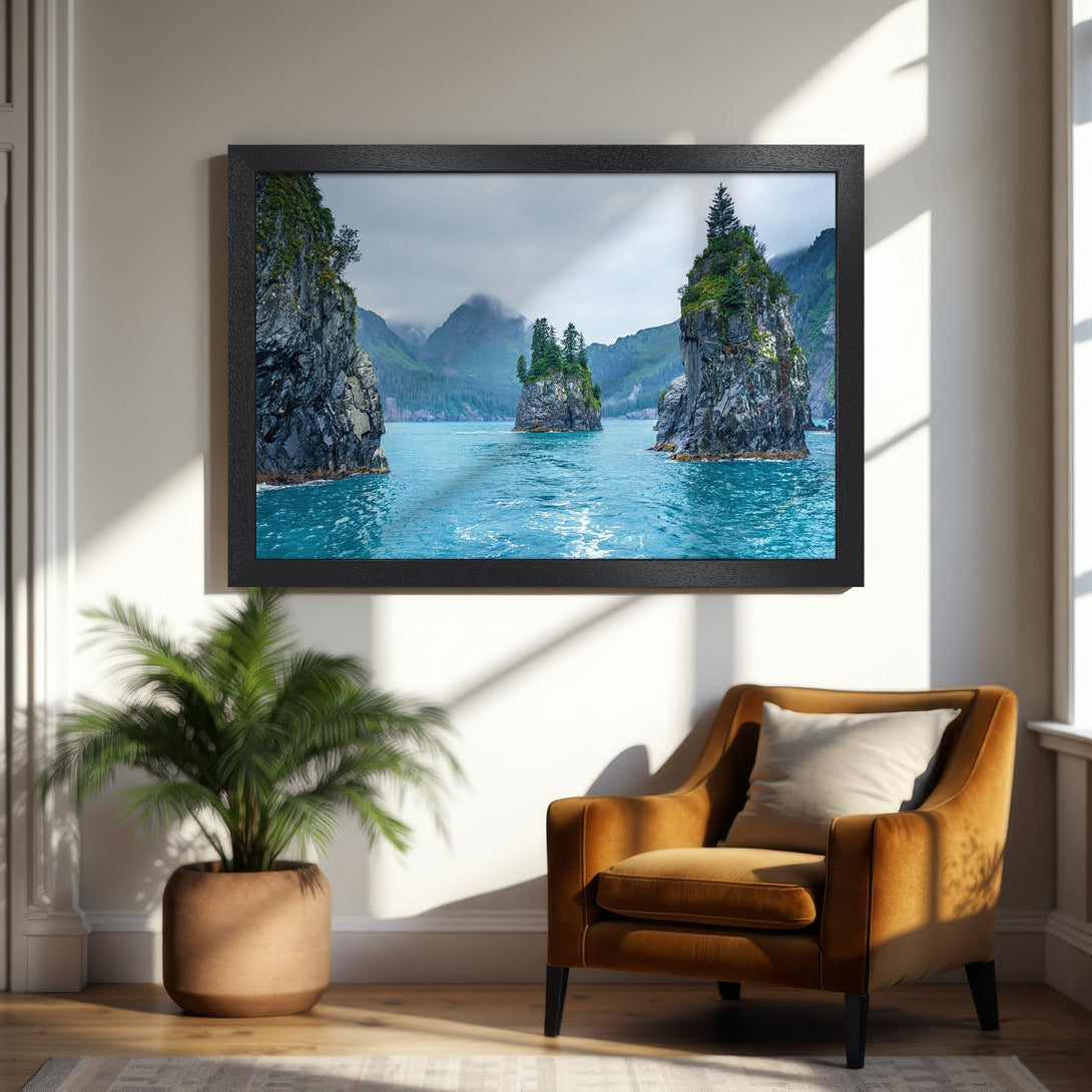 Framed Poster featuring a stunning seascape with teal water and rocky islands. Perfect wall art in a modern style.