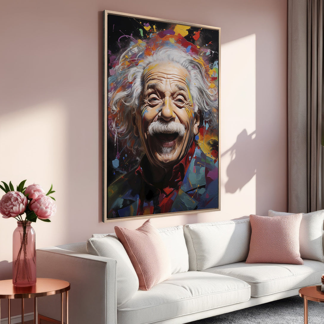 Framed Wall Art featuring a vibrant, colorful portrait of Einstein. Modern abstract style with a playful, multi-color palette. Perfect for adding personality to your home!