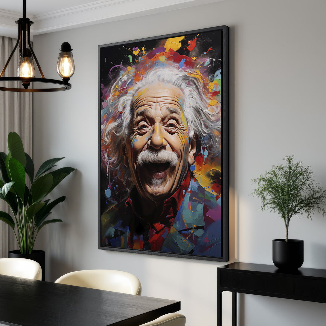 Framed Wall Art of Einstein laughing, vibrant abstract art style. Colorful palette of red, blue, yellow, and green. Modern wall decor for your home.