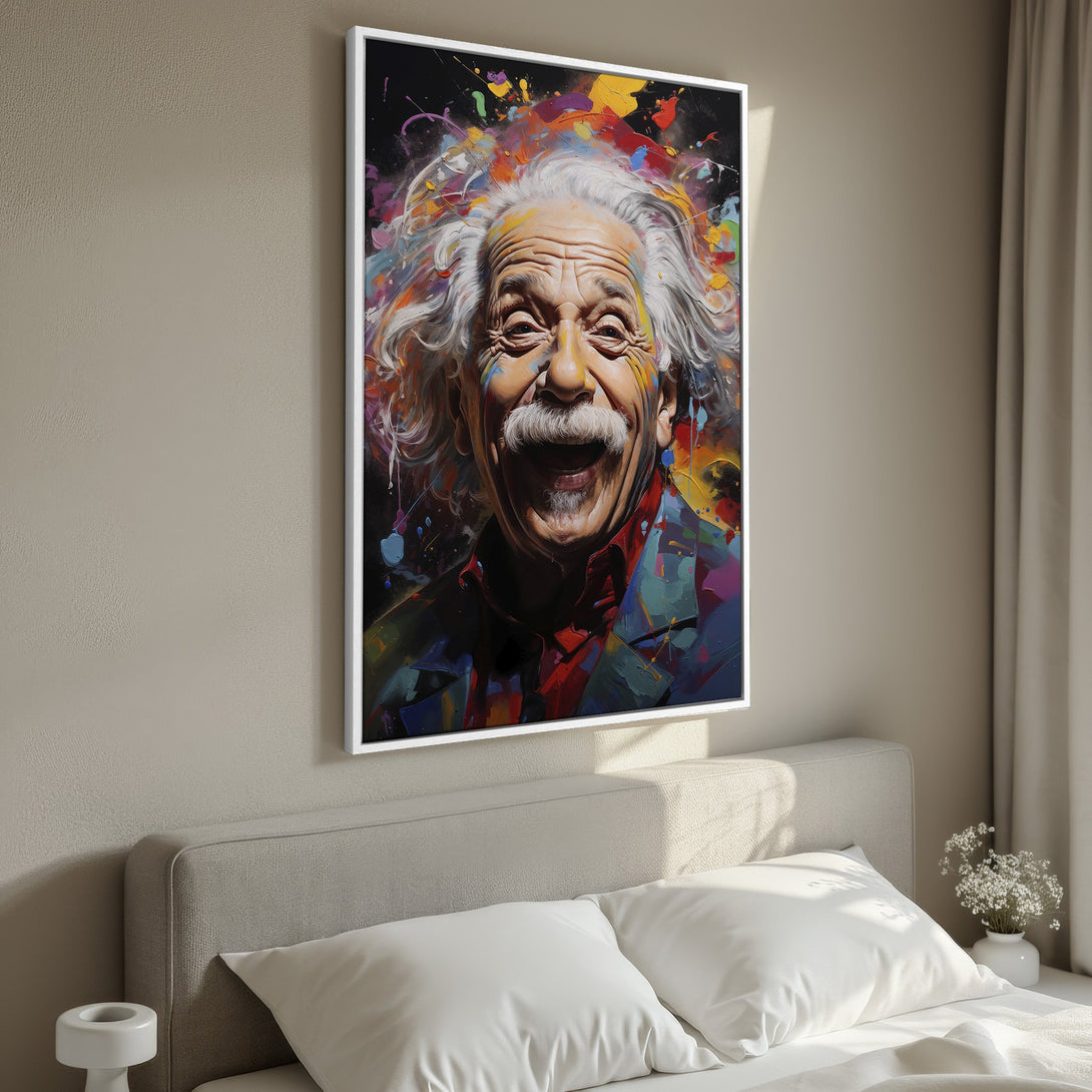 Framed Wall Art: Colorful portrait of Einstein in a vibrant, abstract style. Perfect for adding personality to any room. Features a bold, multi-color palette.