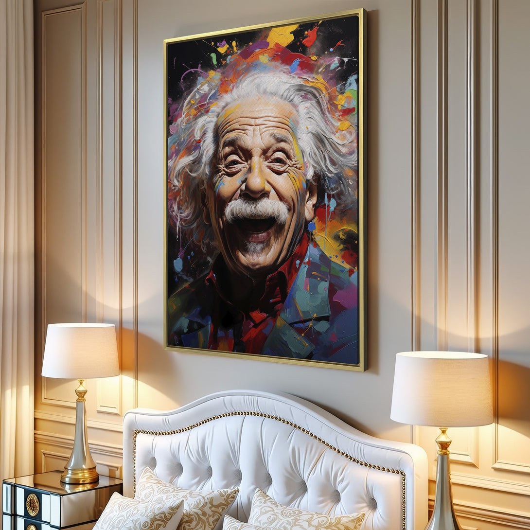 Canvas Print of Albert Einstein, vibrant abstract portrait with a colorful palette. Perfect wall art to brighten any space.
