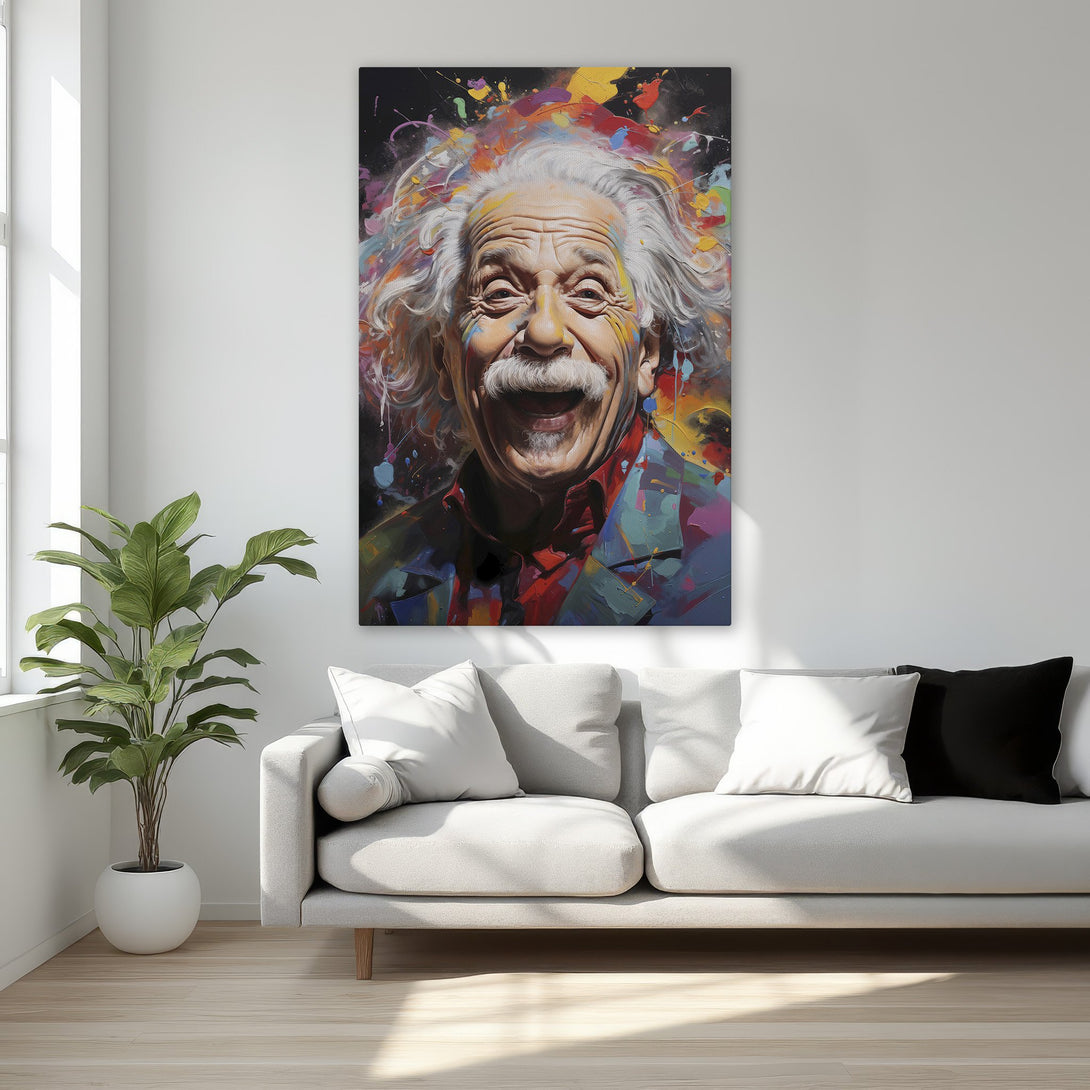 Framed Wall Art featuring a vibrant, colorful portrait of Einstein. Modern abstract style with a bold, multi-colored palette perfect for any room.