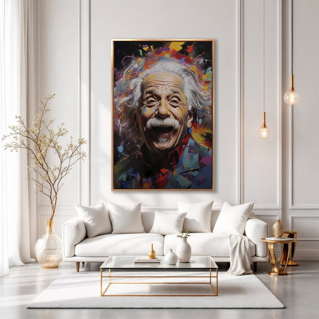 Framed Wall Art: Colorful portrait of Einstein in a modern, abstract style. Vibrant colors pop against a white interior, perfect for adding personality to any space.