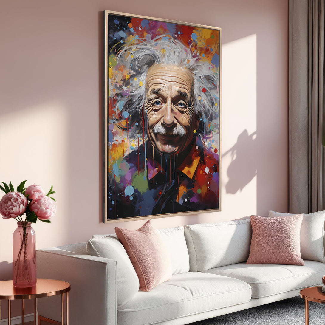 Framed Wall Art: Colorful Einstein portrait canvas print. Modern abstract style with vibrant reds, blues, and yellows. Perfect for adding personality to any room.