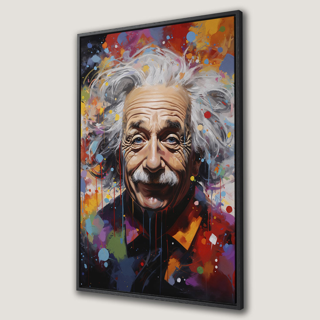 Framed Wall Art featuring Albert Einstein portrait in a vibrant, colorful, abstract style. Perfect for adding a pop of art to any space!