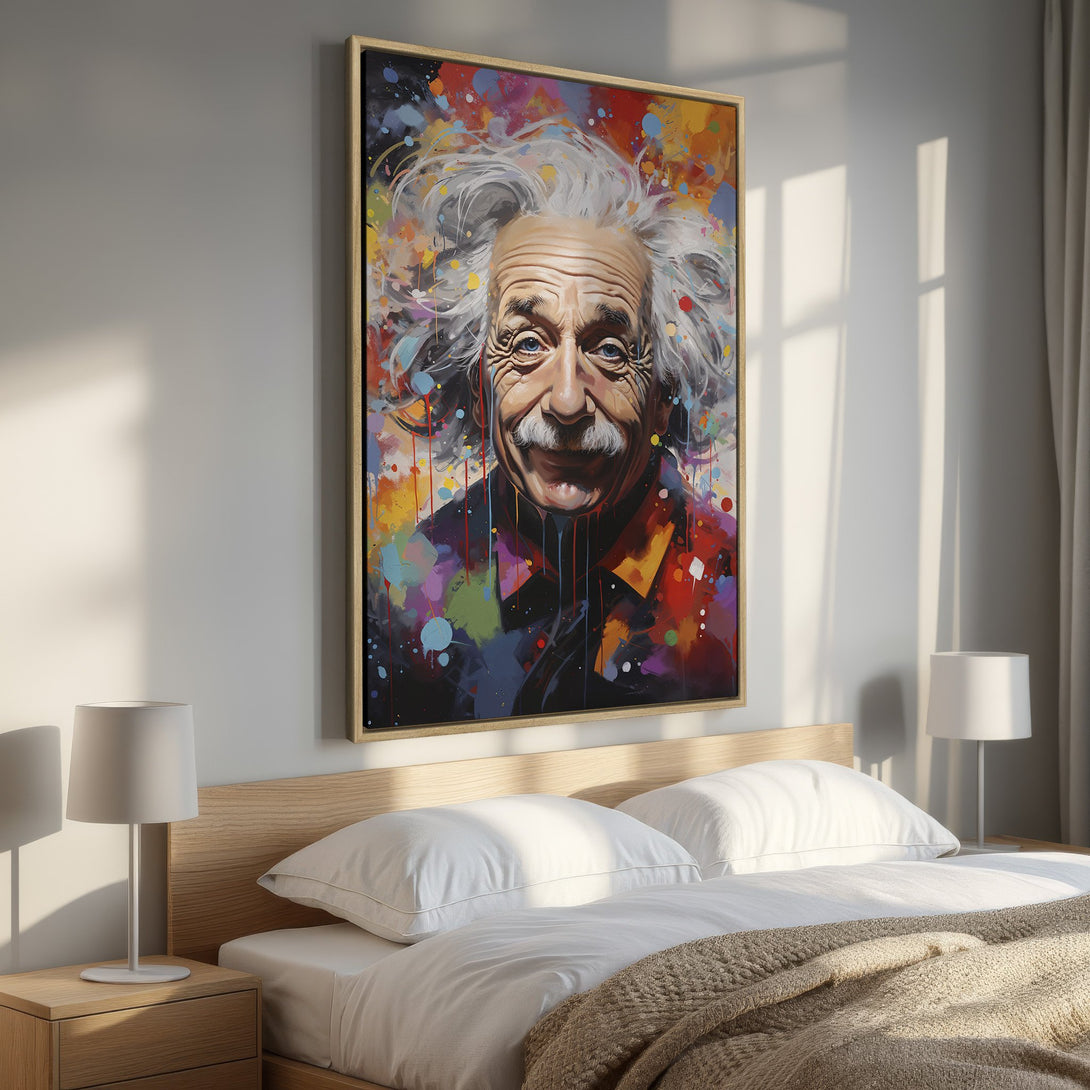 Framed Wall Art: Colorful portrait of Albert Einstein. Modern, abstract style with vibrant rainbow color palette. Perfect for adding personality to any room.