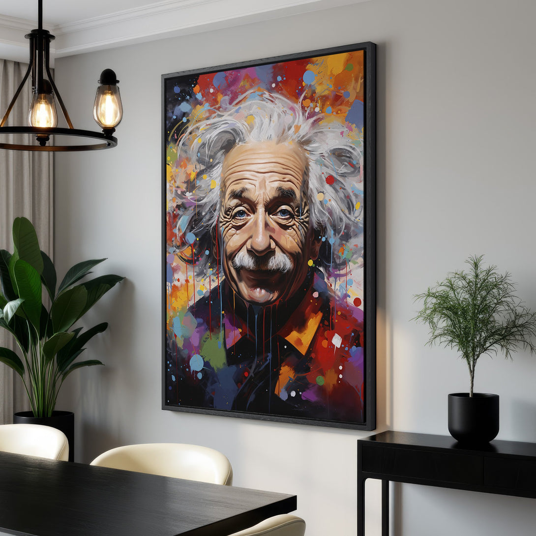 Framed Wall Art featuring a vibrant, colorful portrait of Albert Einstein. Modern, abstract style with a bright, multi-colored palette. Perfect for any room.