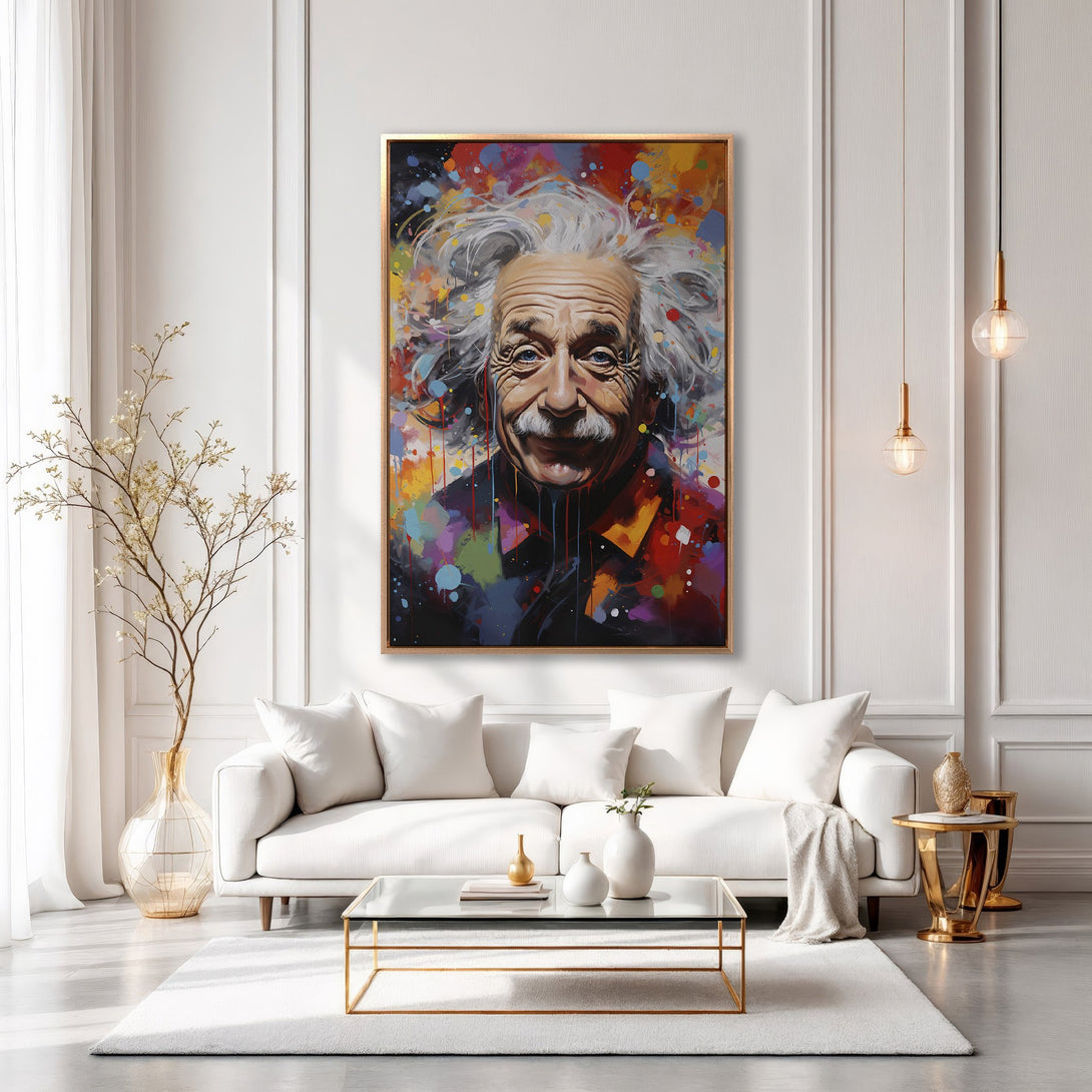 Framed Wall Art: Colorful portrait of Albert Einstein in a modern, abstract style. Vibrant, multi-color palette adds a pop of art to any living room.