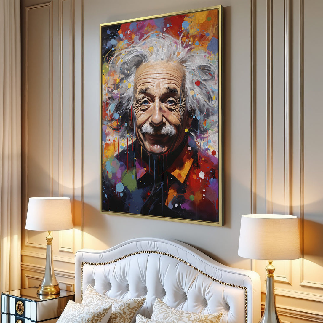 Canvas Print of Albert Einstein in a vibrant, abstract style. Colorful palette of reds, blues, and yellows. Perfect wall art for your home!