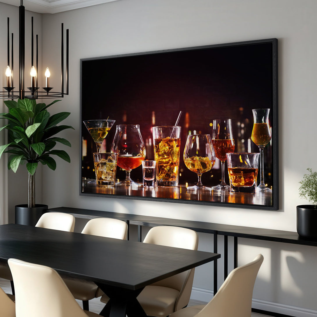 Framed Wall Art featuring a vibrant cocktail display. Warm, inviting color palette with amber, gold, and brown tones. Perfect for adding a touch of luxury to your dining room.