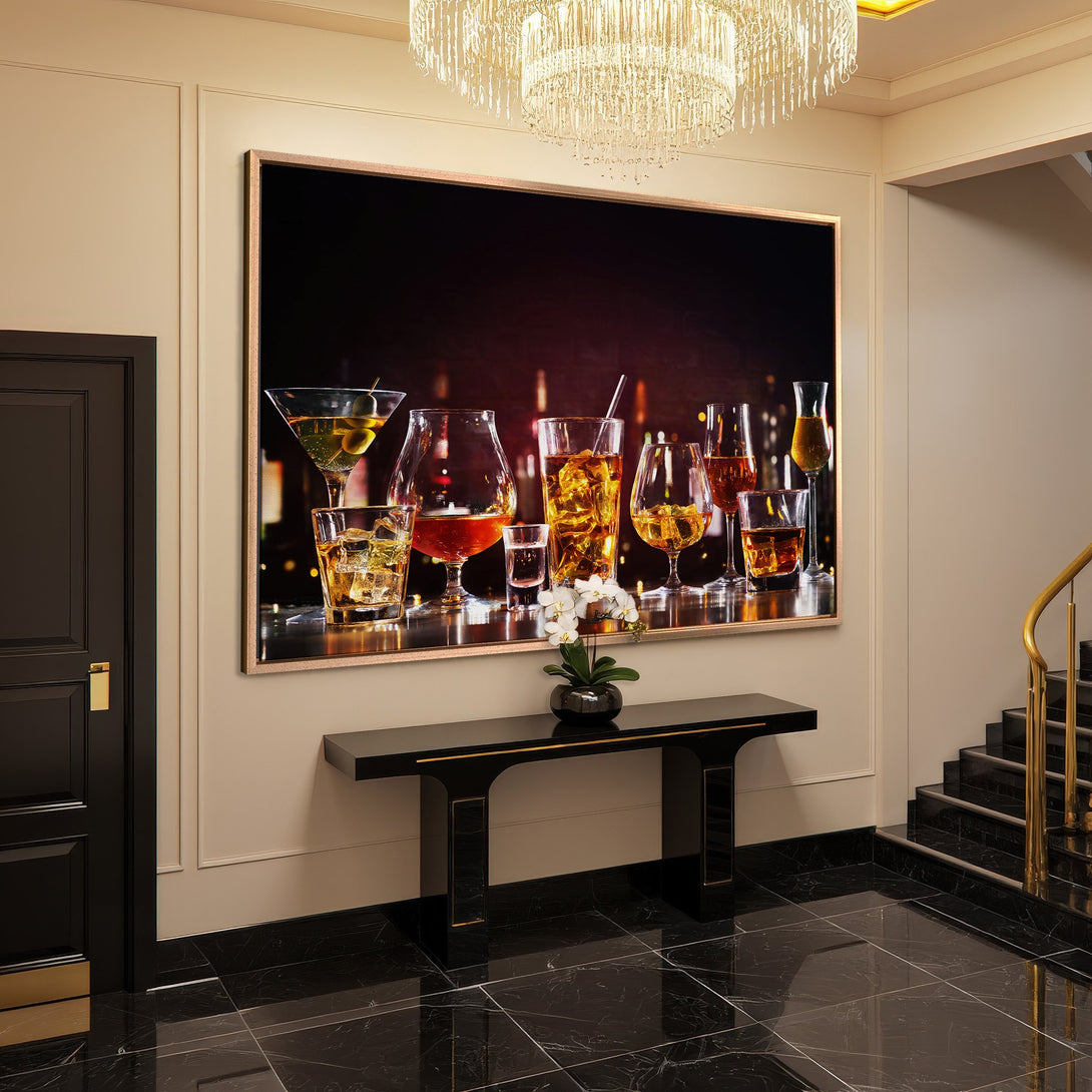 Framed Wall Art: Cocktail glasses in a bar scene. Warm, inviting color palette. Elevate your space with stylish bar decor.