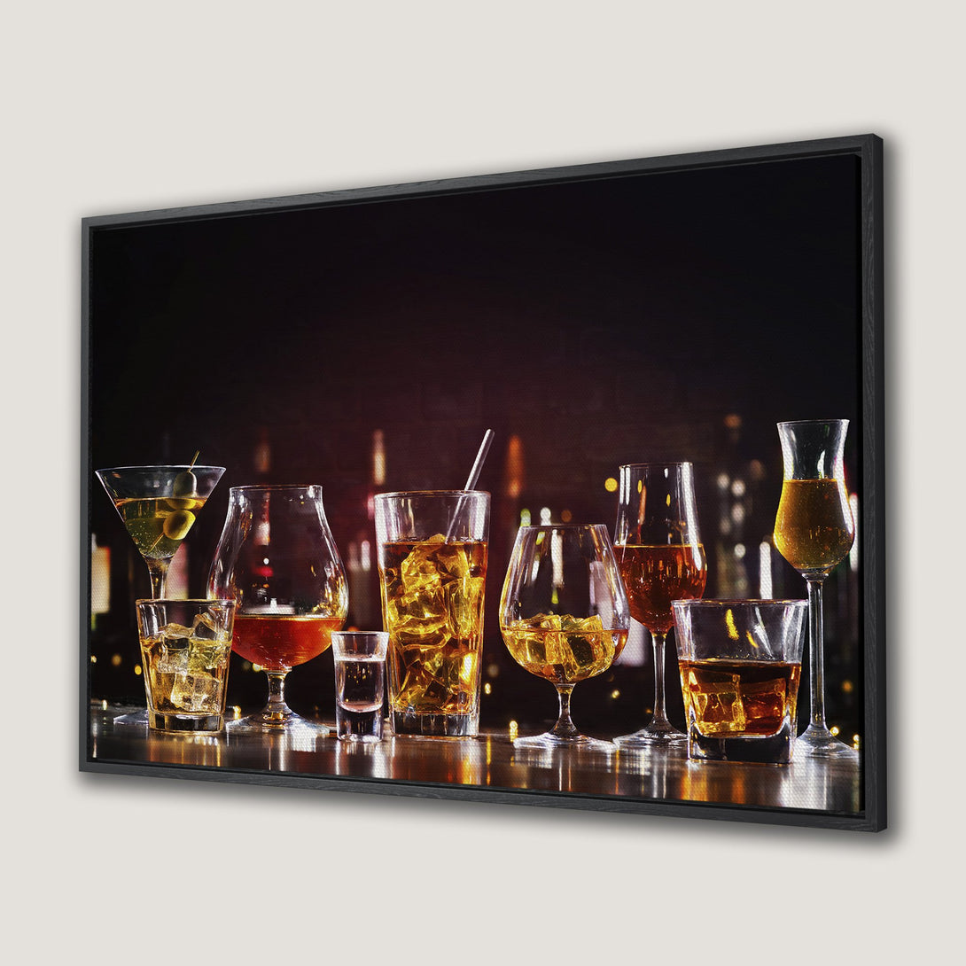 Framed Wall Art: Cocktails on a bar in warm tones. Stylish print for your home bar or kitchen. Enhance your space with this art!