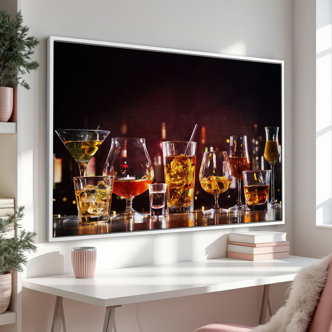 Framed Wall Art featuring a bar scene with various cocktails, warm amber and gold tones. Perfect for home bars and stylish interiors.