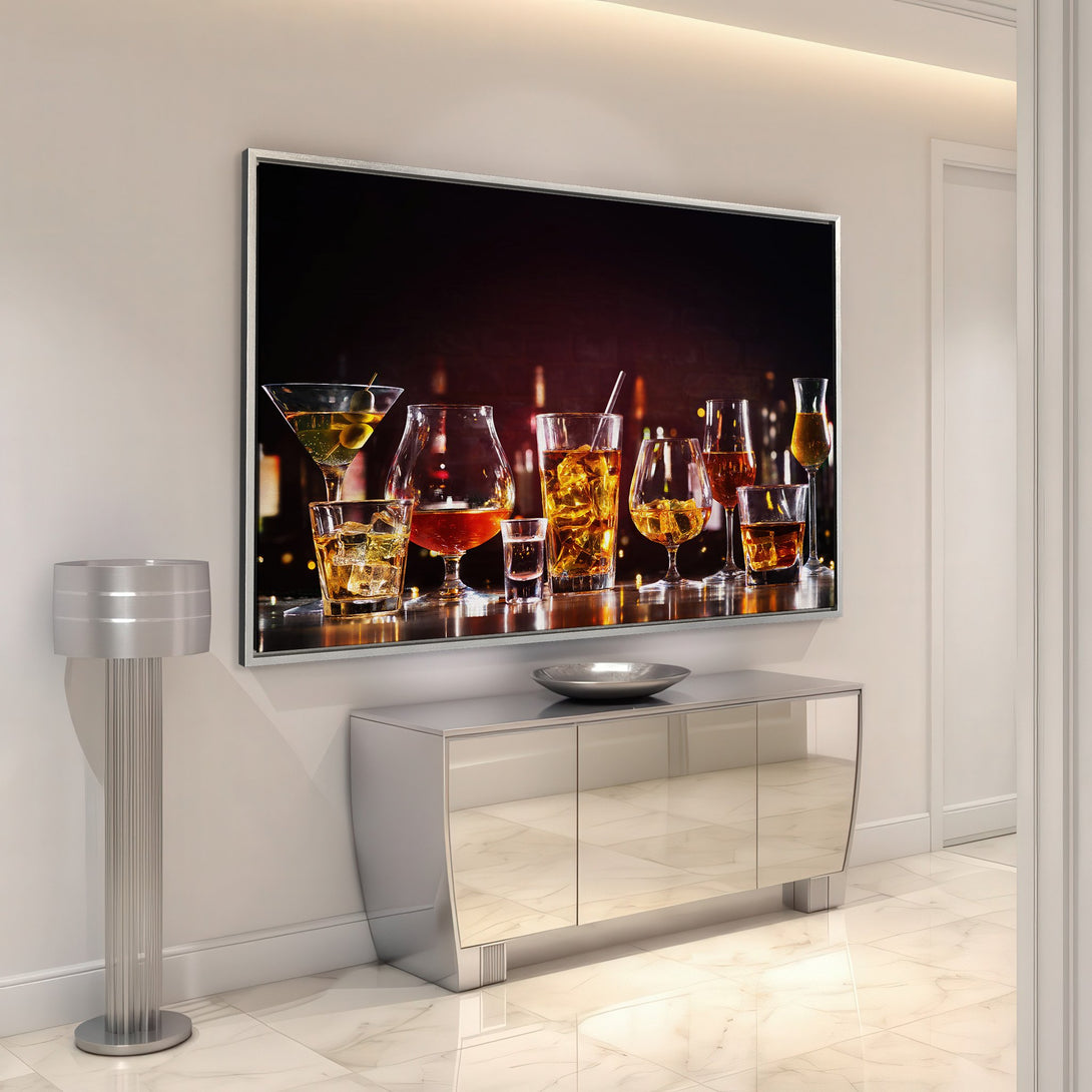 Framed Wall Art of cocktails in warm amber tones, perfect for a home bar. Enhance your space with this stylish Canvas Print.