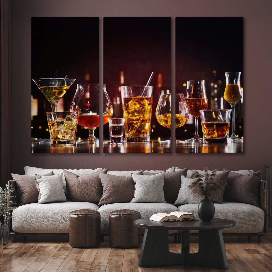 Canvas Print of cocktails in a bar, warm amber tones. Modern wall art for home decor. Luxurious and stylish.