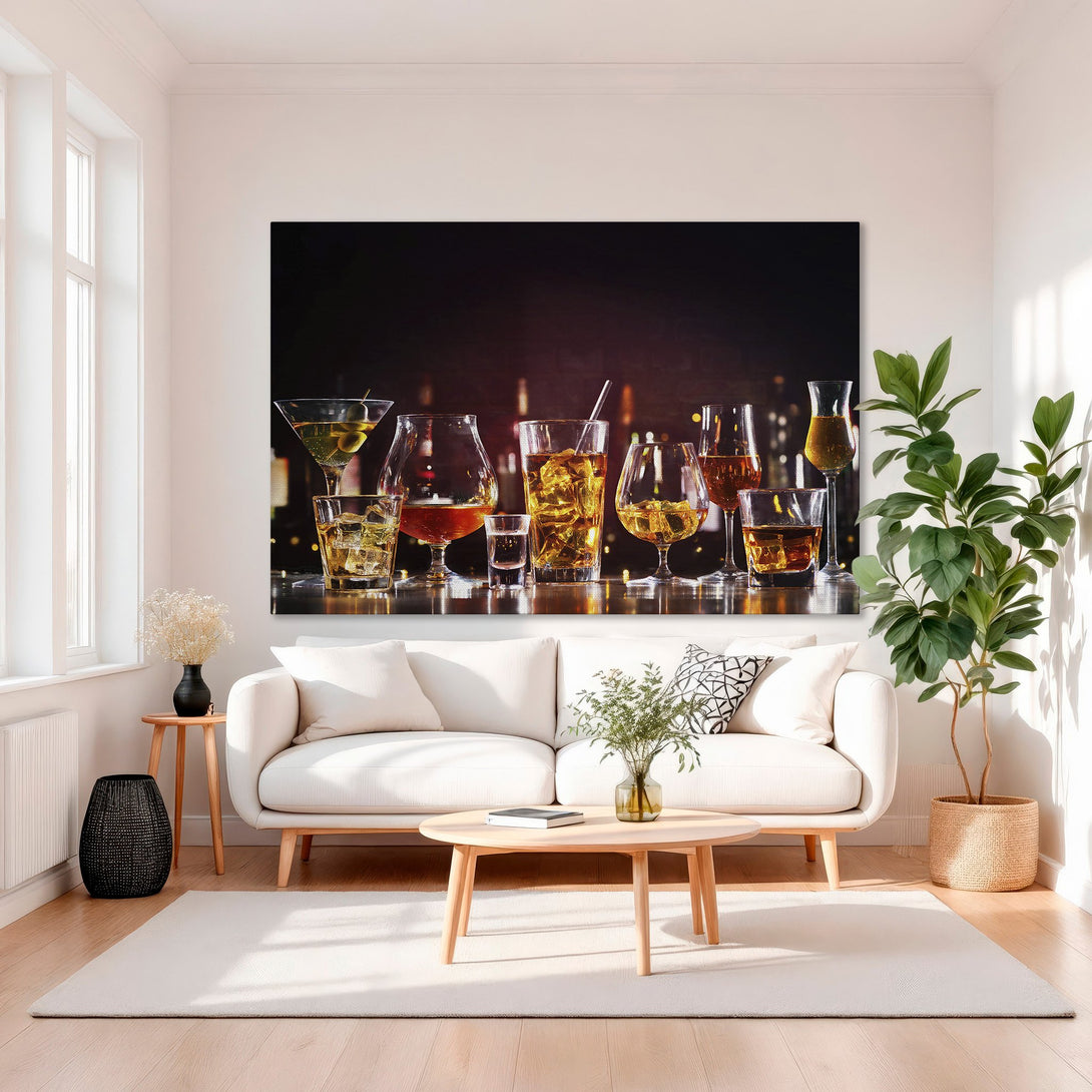 Framed Wall Art featuring a bar scene with cocktails. Warm, inviting colors in a luxurious interior. Elevate your space with this stunning piece!