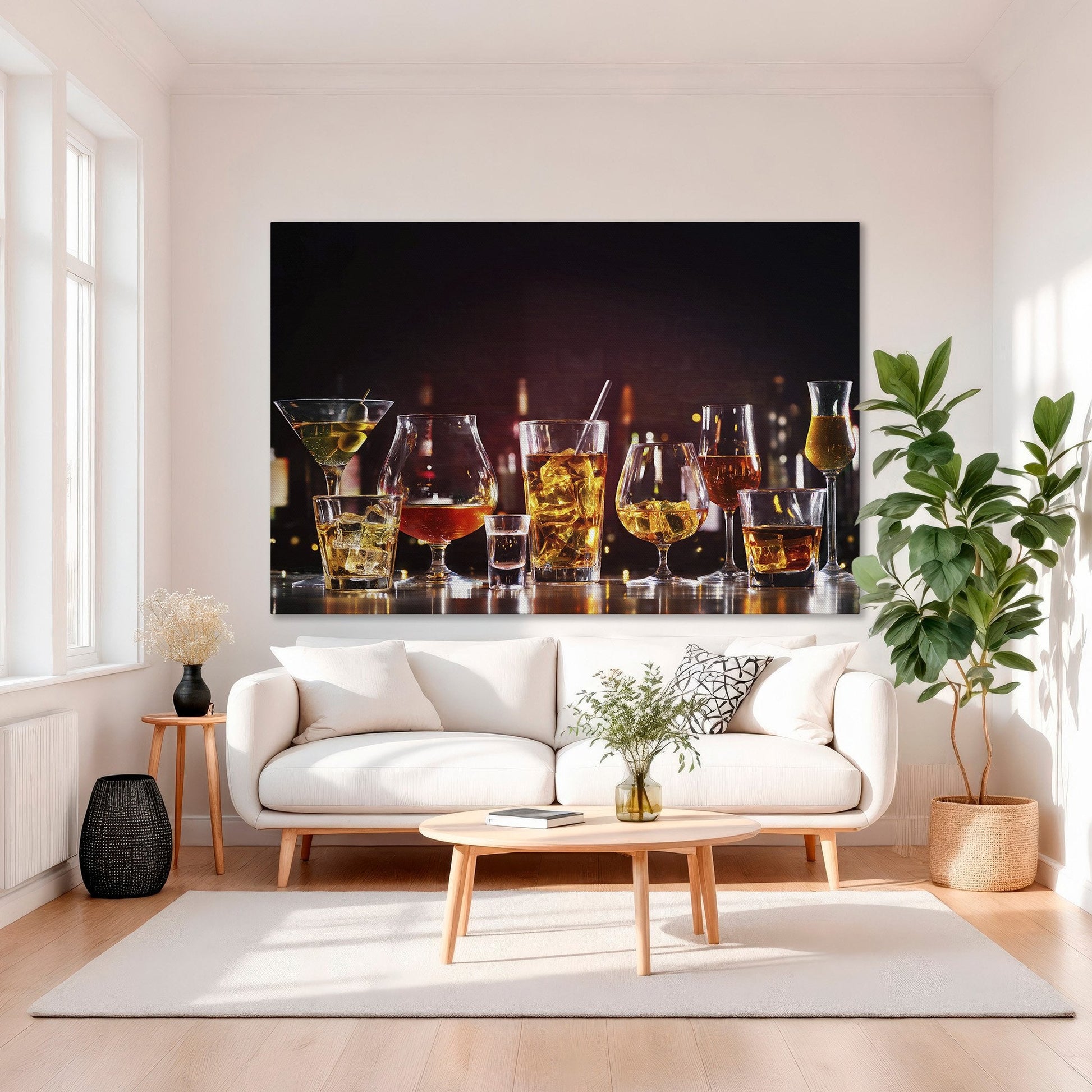 Alcohol Decor in Glasses Bar Counter Canvas Print Art