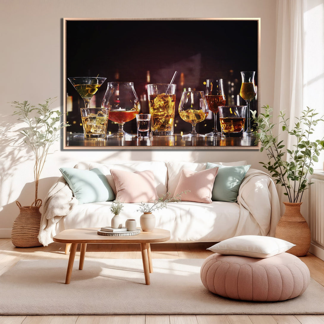 Framed Wall Art of cocktails in warm tones, displayed in a modern living room. Enhance your space with this stylish, inviting artwork.
