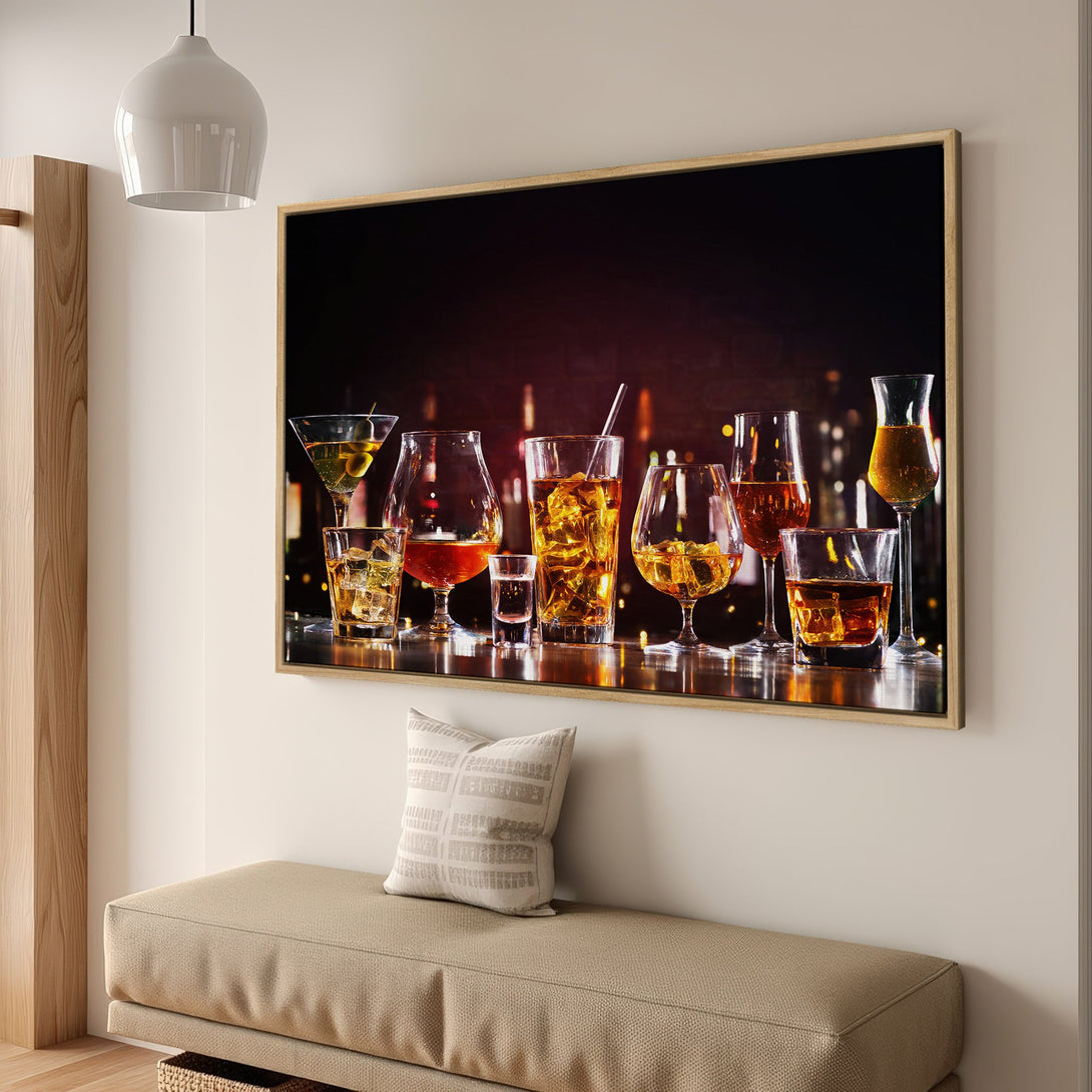 Framed Wall Art featuring a bar scene with cocktails, warm amber and brown tones. Perfect for adding a touch of elegance to your home decor.