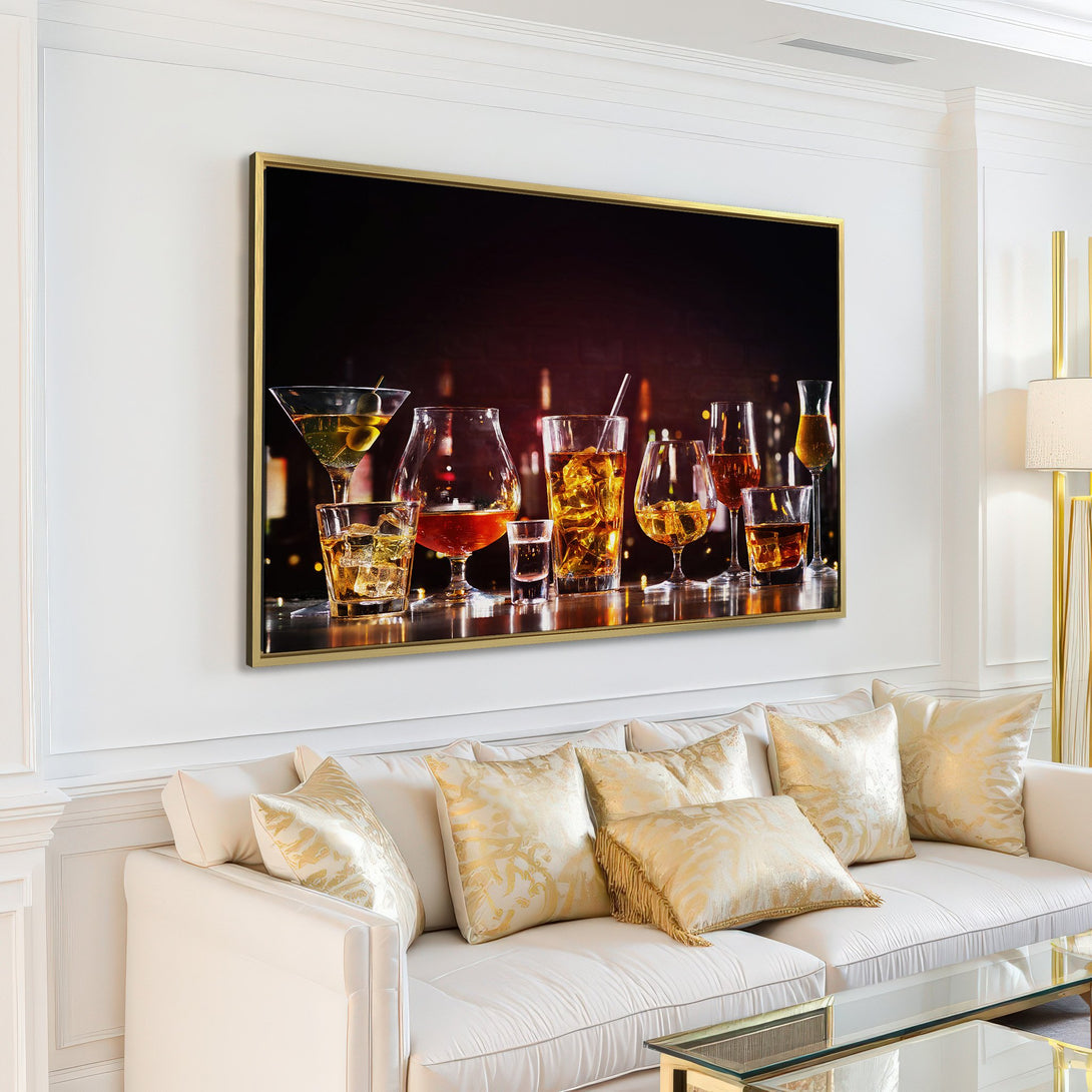 Canvas Print of cocktails in a bar setting. Warm, inviting color palette. Perfect for home decor.