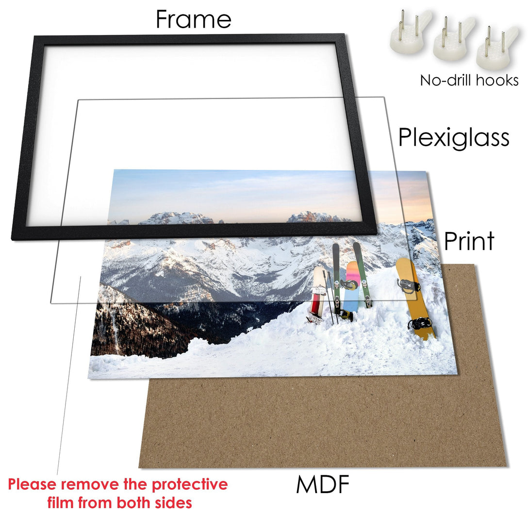 Framed Poster showcasing a snowy mountain scene, featuring skis and snowboards. Earthy tones with blue sky. Perfect wall art!