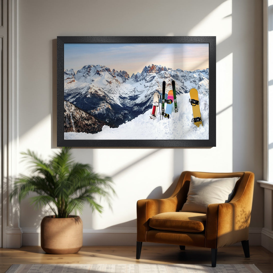 Framed Poster featuring a stunning mountain landscape with skis and snowboard, showcasing a cool, wintery scene with a blue and white color palette.