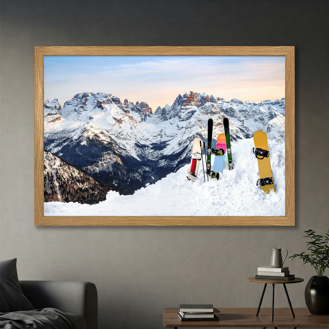 Framed Poster of snowy mountain landscape with skis and snowboards, cool tones. Perfect wall art for your home!