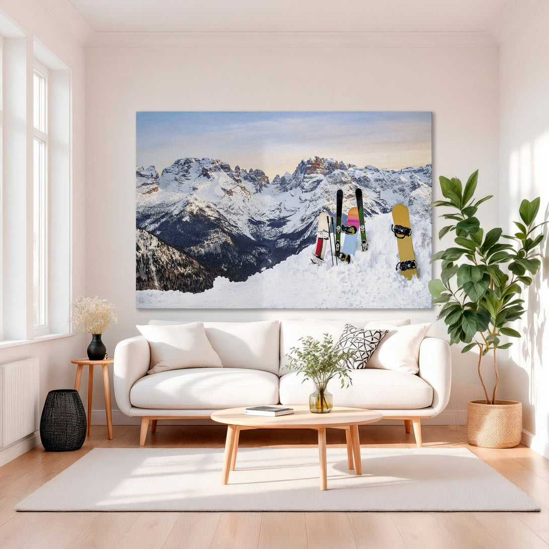 Framed Wall Art: Snowy mountain landscape Canvas Print with vibrant colors. Modern decor with a warm, inviting color palette. Perfect for any interior space.