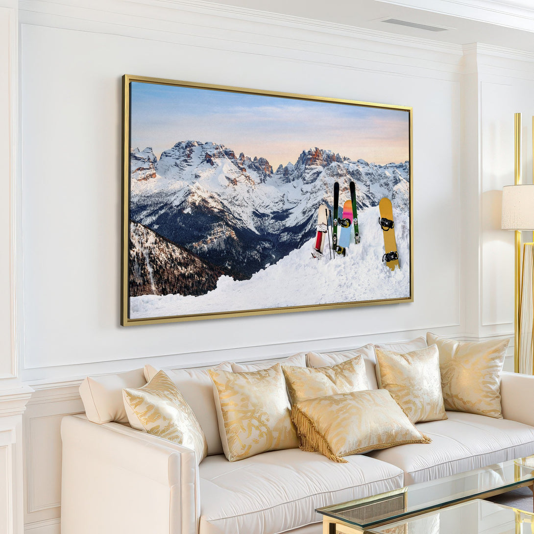 Canvas Print of snowy mountain landscape with skis, a modern and serene wall art piece in a neutral color palette.