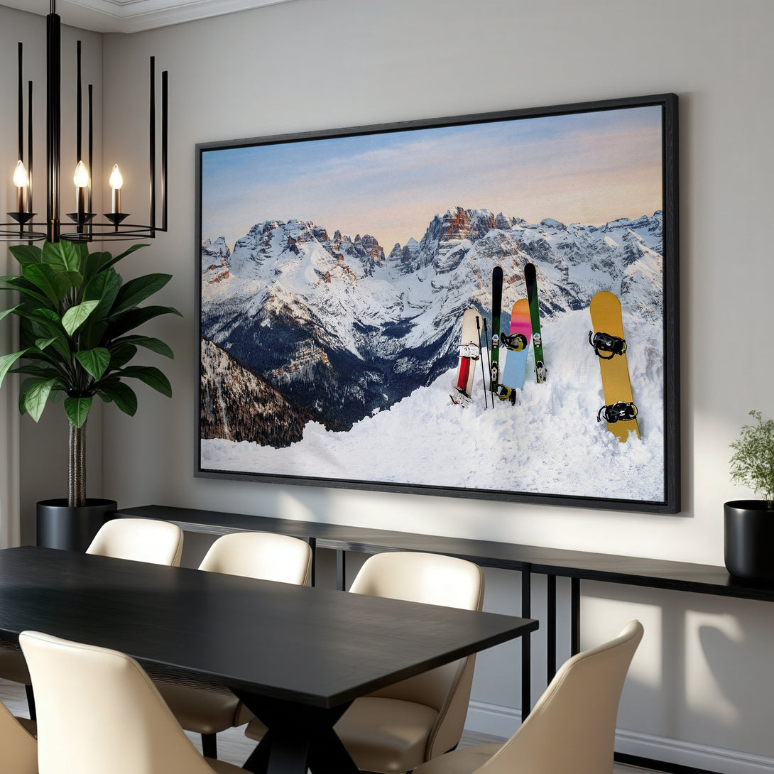 Framed Wall Art featuring a stunning mountain landscape with skis and snowboards. Earthy tones with a pop of color, perfect for modern home decor.