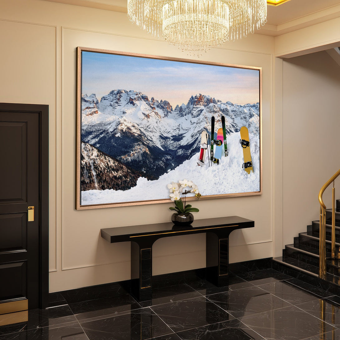 Framed Wall Art of snowy mountains with skis & snowboard. Neutral color palette, perfect for any interior. Bring the outdoors in!