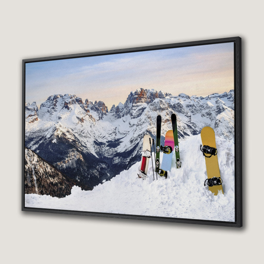 Framed Wall Art: Majestic mountain landscape Canvas Print with skis & snowboard. Cool blues, whites, and warm sunset hues. Elevate your space!