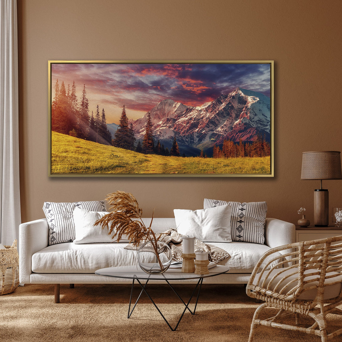 Canvas Print of a majestic mountain landscape with warm sunset hues. Perfect wall art for a cozy living room. Earthy tones and stunning detail.