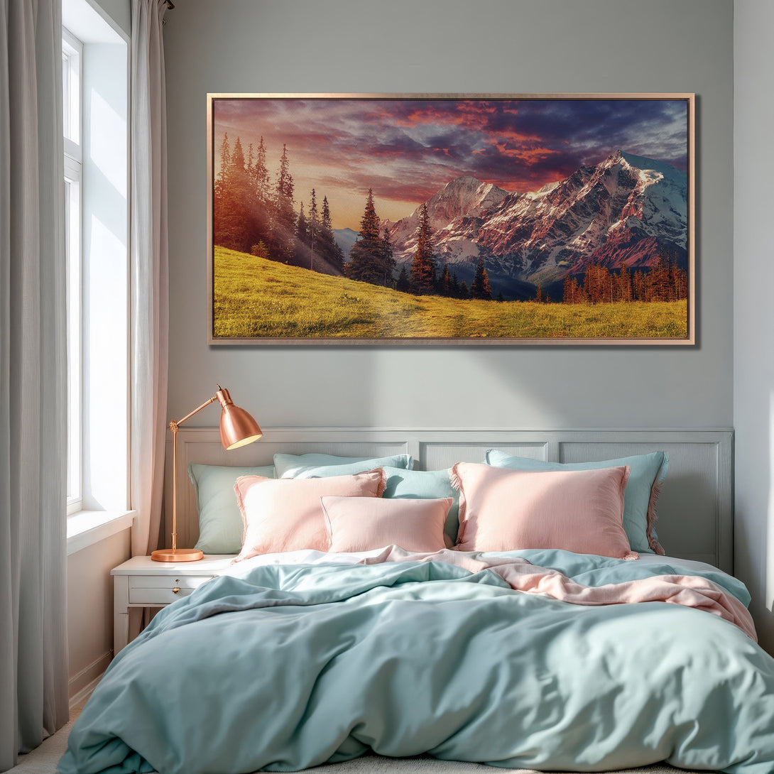 Framed Wall Art: Mountain landscape Canvas Print with a warm color palette. Perfect for adding a touch of nature to your bedroom decor!