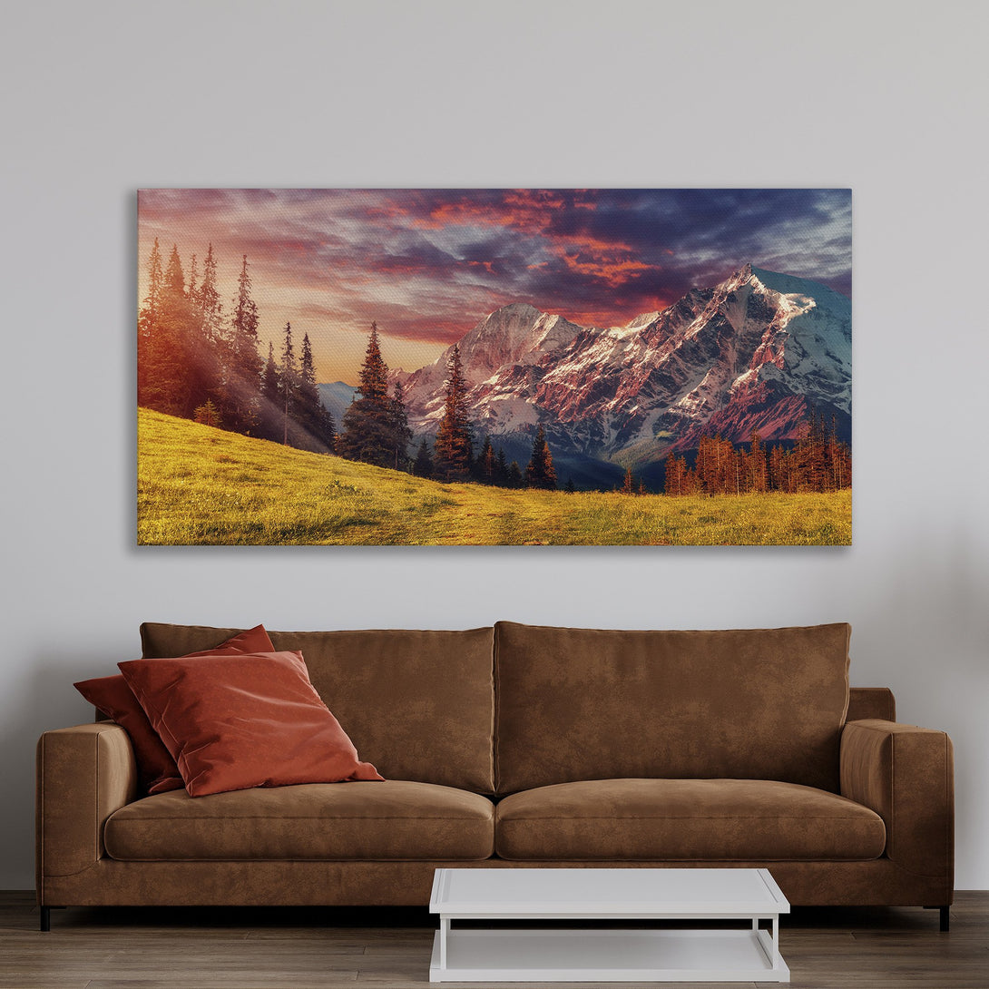 Framed Wall Art: Stunning mountain landscape canvas print in warm tones. Elevate your space with this vibrant artwork. Add a touch of nature's beauty to your home!