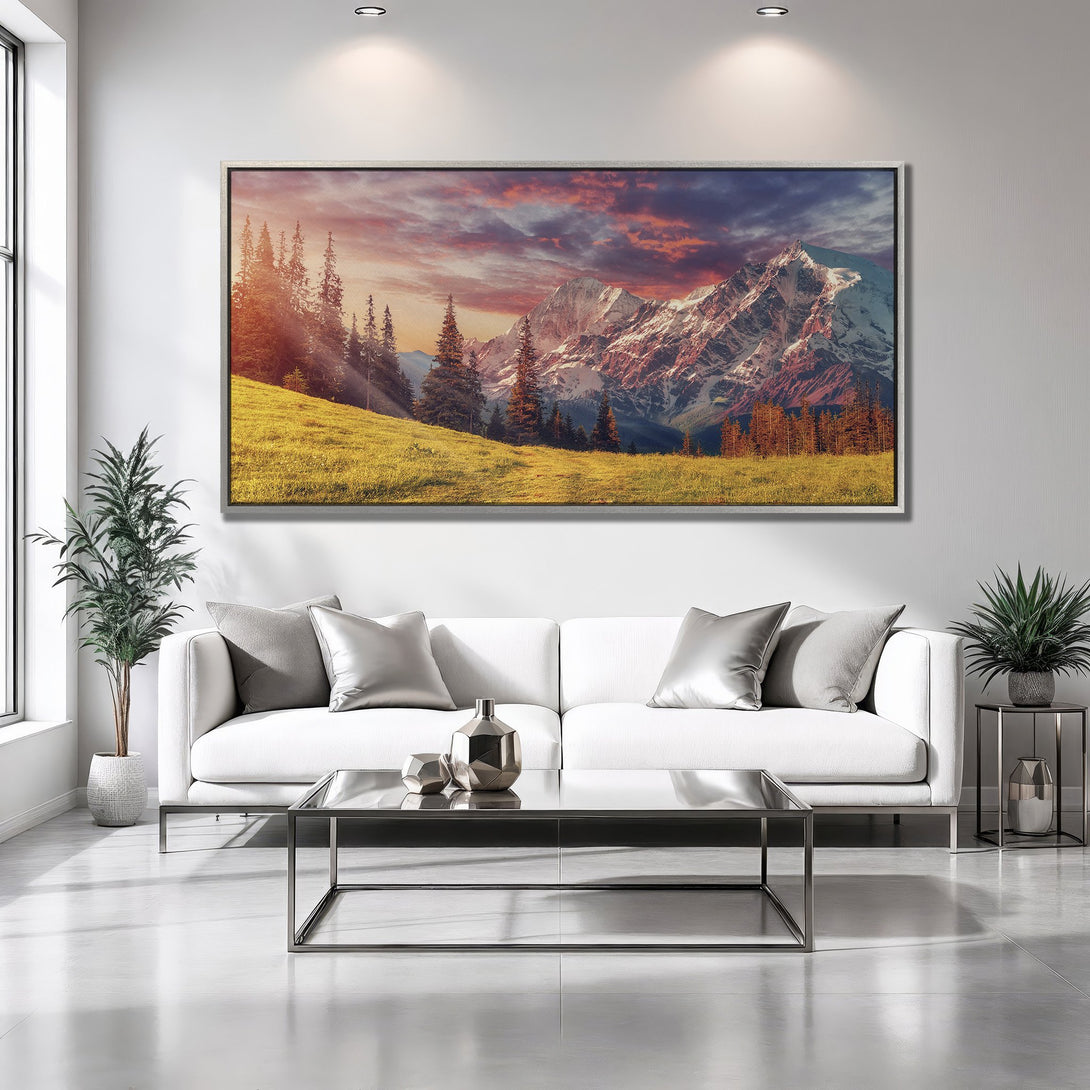 Framed Wall Art: Majestic mountain landscape Canvas Print with warm sunset hues. Elevate your space with this stunning nature-inspired art piece.