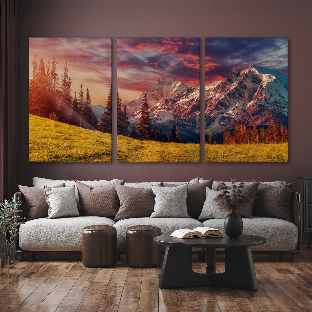 Canvas Print of a majestic mountain landscape with a vibrant sunset. Warm color palette with reds, oranges, and yellows. Adds a touch of nature's beauty to any space.