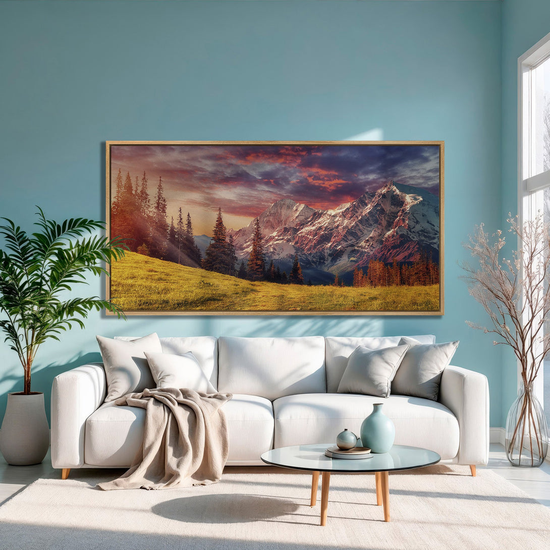 Framed Wall Art featuring a stunning mountain landscape. Warm sunset colors and a touch of nature for your living room. Elevate your decor today!