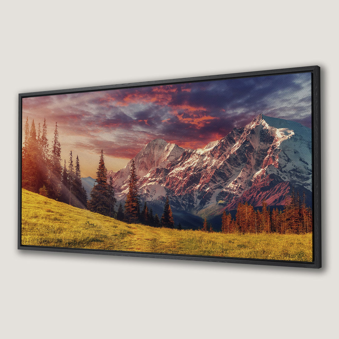 Framed Wall Art: Majestic mountain landscape Canvas Print with vibrant sunset colors. Bring the beauty of nature into your home!