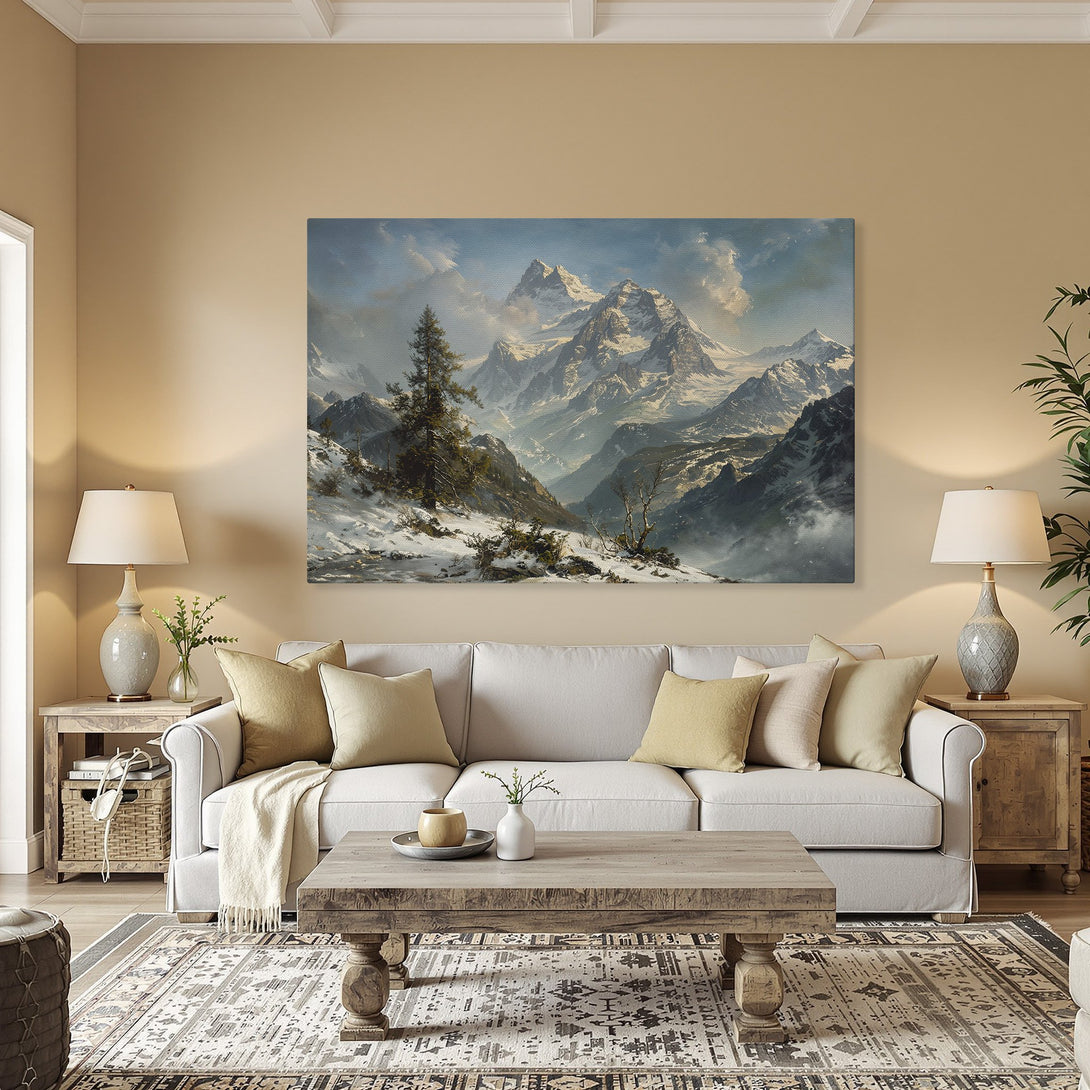 Framed Wall Art: Majestic mountain landscape canvas print in a classic style. Featuring a blue, white, and green color palette. Elevate your home decor!