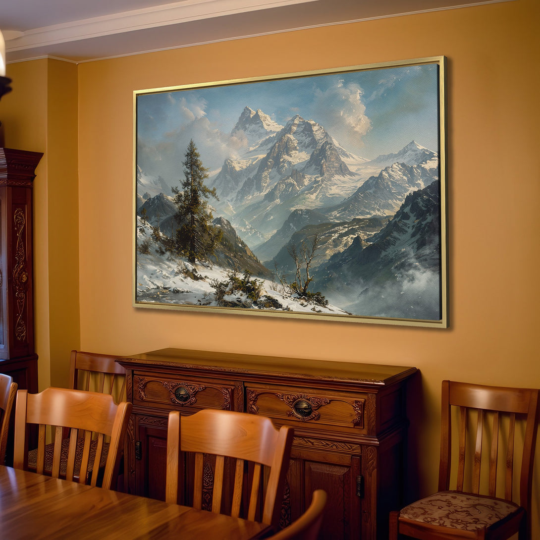 Canvas Print of a majestic mountain landscape painting in a neutral color palette, perfect for adding a touch of nature to your home.