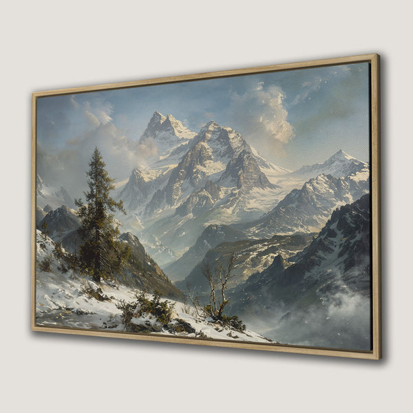 Framed Wall Art: Majestic mountain landscape Canvas Print in cool blues & whites. Classic art style, perfect for adding a touch of nature to your home.