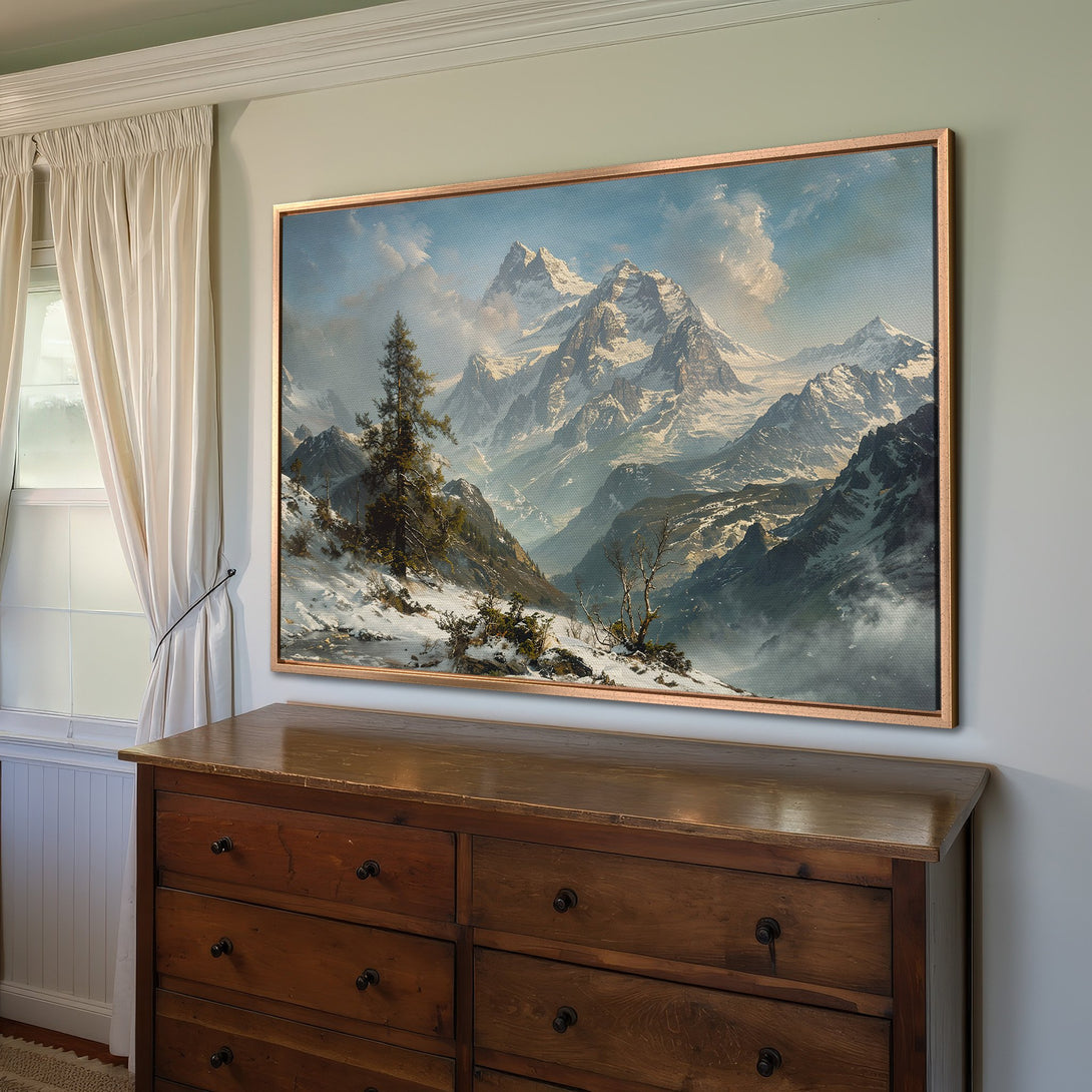 Framed Wall Art Canvas Print of a majestic mountain landscape in a classic, painterly style with a cool blue and grey color palette.