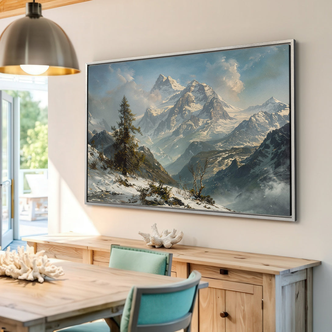Framed Wall Art featuring a stunning mountain landscape in a classic style with blue, white, and green hues. Elevate your space with this canvas print!